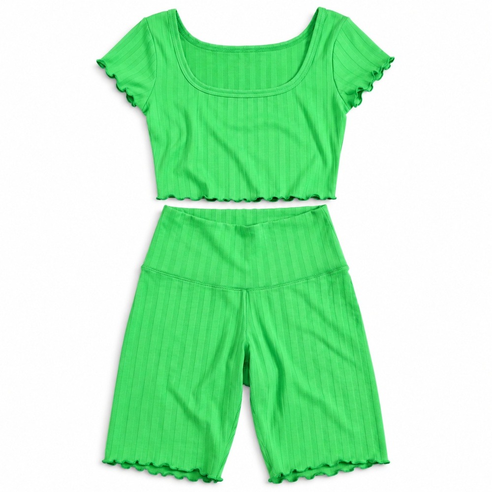 OFFLINE by Aerie Womens Small Green Ribbed Crop Top Biker Shorts Matching Set S